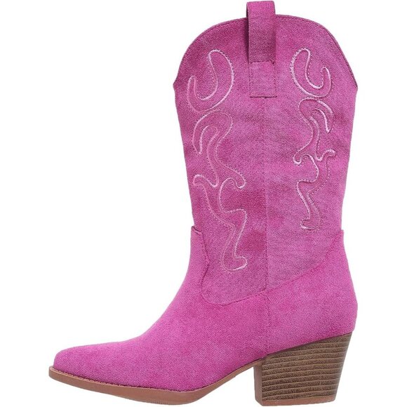 Women Pink Suede Mid Calf Chunky Block Heel Western Embroidered Cowgirl Boot - Picture 3 of 6